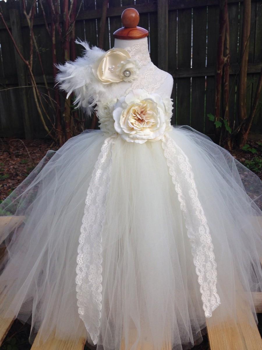 زفاف - Ivory Rustic/Vintage Flower Girl Tutu Dress, flower girl dress - rustic wedding, vintage wedding, ivory wedding dress, ivory flower girl