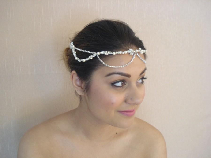 Mariage - Bridal Headband, Silver or Gold Finish Wedding Headpiece, Swarovski Pearls, Crystals and Rhinestone Chain, Combs - Eva