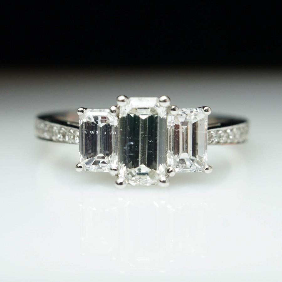 Wedding - Beautiful Vintage 3 Stone 1.66ctw Emerald Cut Diamond Engagement Ring Emerald Diamond Ring Three Stone Engagement Ring Band