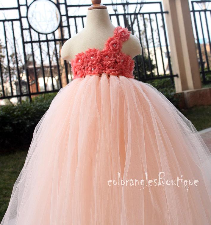 Mariage - Tutu Flower Girl Dress Peach Coral flower girl dress baby dress toddler birthday dress wedding dress 0-8t