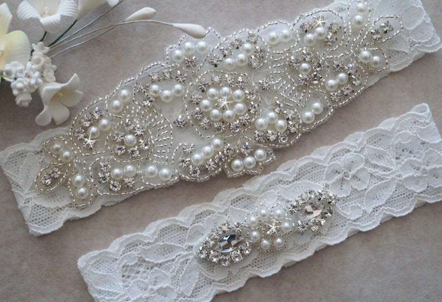 Свадьба - CLAIRE Style A-Wedding Garter - Bridal Garter - Pearl and Crystal Rhinestone Garter and Toss Garter Set
