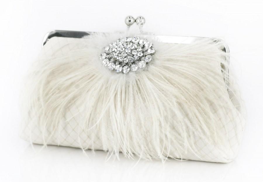 Mariage - Ivory Bridal Clutch with Rhinestone and Ostrich Feathers 8-inch PASSION