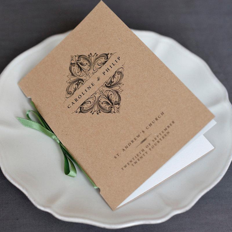 Hochzeit - Vintage Victorian Wedding Program / Order of Service Pocket-Sized Booklet Rustic Brown Kraft Cover / Elegant Vintage Wedding / ONE SAMPLE