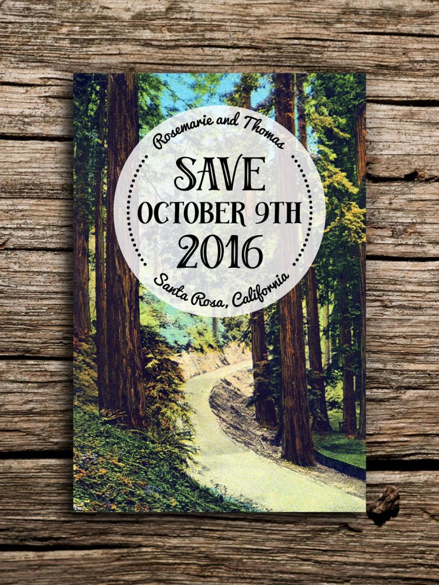 Hochzeit - Rustic Redwoods Vintage Postcard Save the Date // Redwood Tree Wedding Invitation Woodland Save the Date California Oregon Pacific Northwest