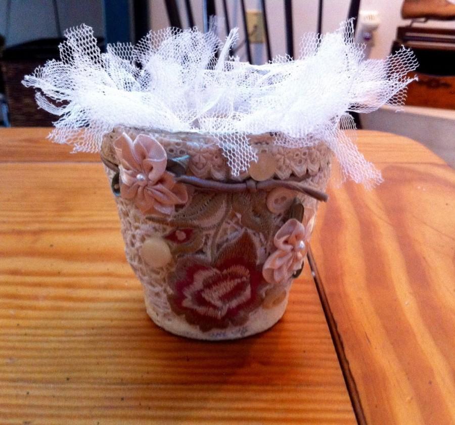 Wedding - Peat pot altered with tule ribbon and vintage lace and material 