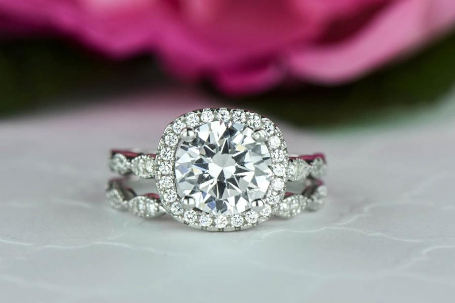 Mariage - 2.25 ctw Halo Wedding Set, Vintage Inspired Bridal Rings, Man Made Diamond Simulants, Art Deco Ring, Round Engagement Ring, Sterling Silver