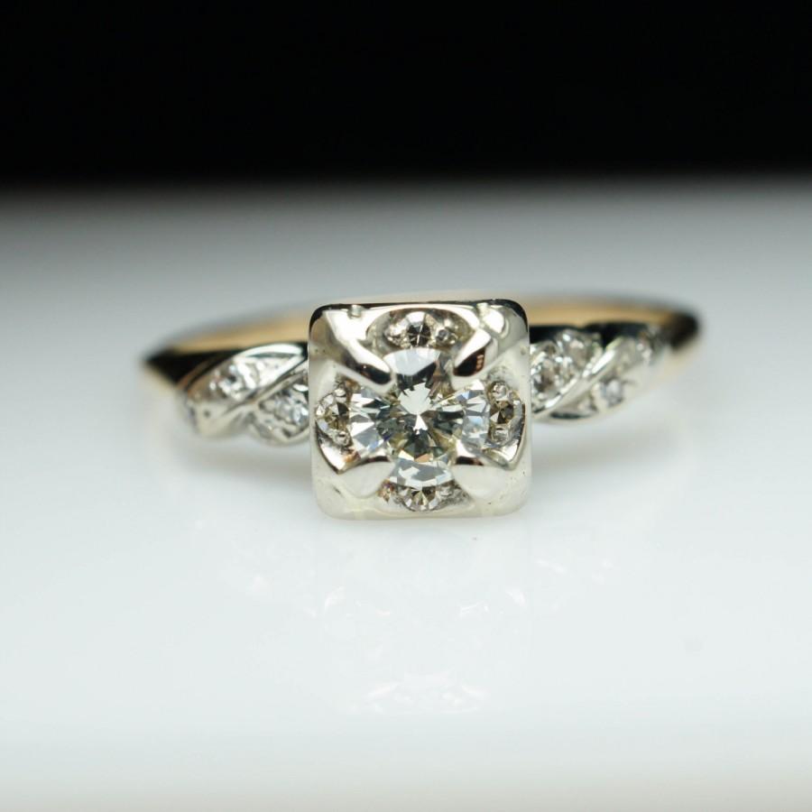 زفاف - Vintage Engagement Ring Art Deco Diamond Engagement Ring 14k Yellow Gold White Gold Accent Simple Solitaire Wedding Ring Promise Band