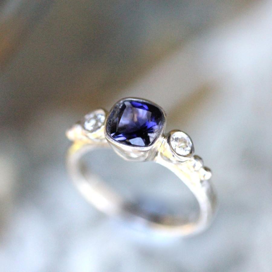 زفاف - Iolite And White Sapphire Sterling Silver Ring, Gemstone Ring, Three Stones Ring, Engagement Ring, Recycled, Stacking Ring -Made To Order