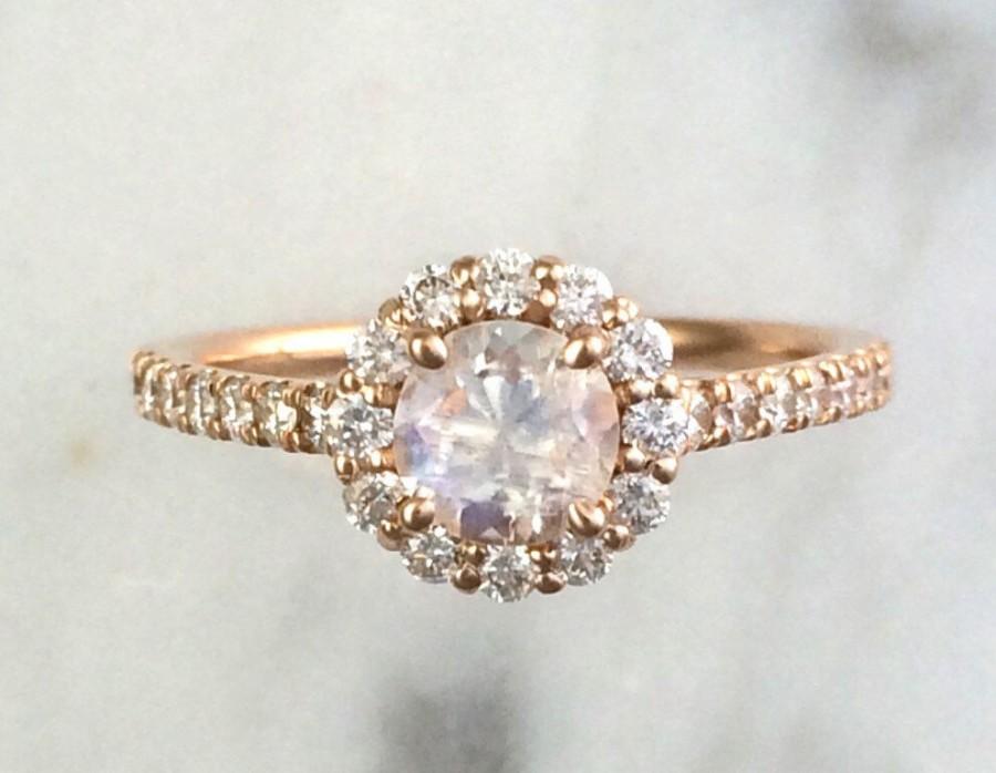 Hochzeit - Blue Rainbow Faceted Moonstone w/ Round Diamond Halo Setting in 14K Rose Gold - Alternative Engagement Ring - Affordable Engagement Ring