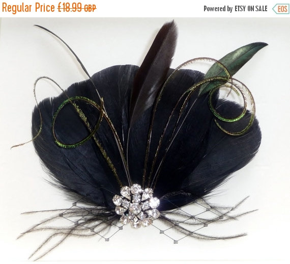 Mariage - ON SALE BLACK Feather Hair Clip Fan Dark Green Peacock Feathers and Crystal Handmade Fascinator  Bridal Wedding Bridesmaids Hair Accessory