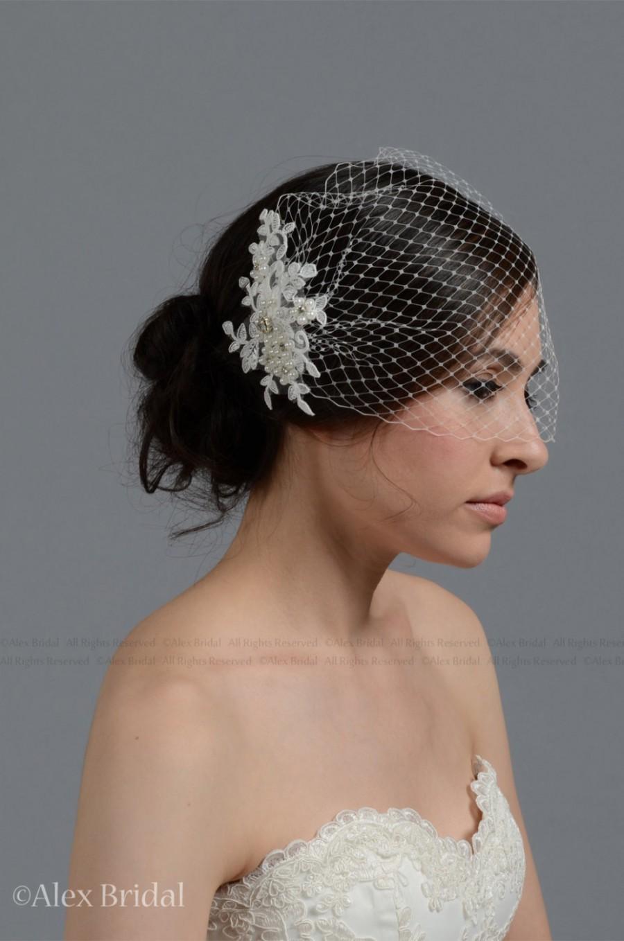 Wedding - Wedding Veil - Ivory blusher birdcage veil with alencon lace