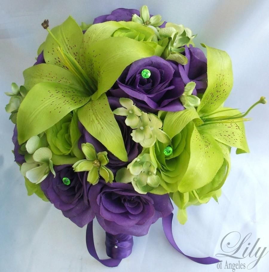 Mariage - 17 Piece Wedding Flower Package Bridal Bouquet Bride Maid Of Honor Bridesmaid Boutonniere Corsage Silk GREEN PURPLE "Lily of Angeles" PUGR01
