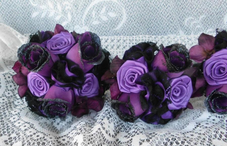 Hochzeit - Purple Wedding Bouquet, Bridal bouquet, vintage wedding bouquet, purple bridesmaid bouquet, Gothic inspired, Cotton, Satin, Lace, Black