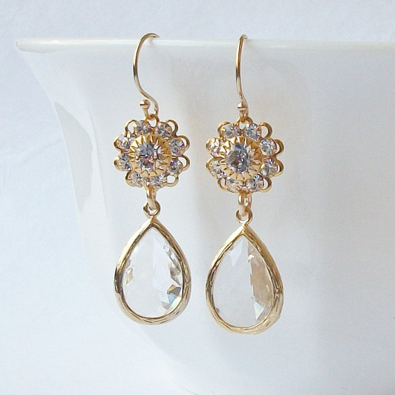 زفاف - Clear Crystal Drop Earrings, Wedding Acessories