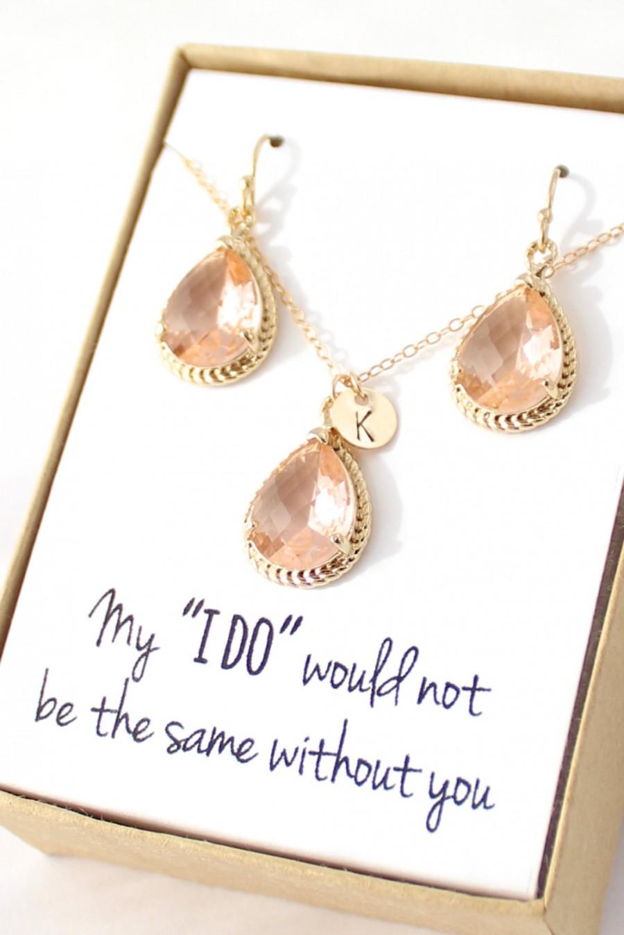 زفاف - Peach Champagne / Gold Rope Rim Necklace and Earrings Set - Bridesmaid Set - Bridesmaid Jewelry Set - Peach Earrings - Peach Necklace - ENR1