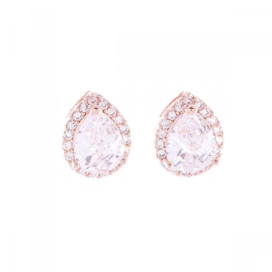 زفاف - Rose Gold Crystal Earrings,  Bridal Gold Jewelry  ,Stud Pear Cut Crystal Earrings ,Bridal Bridesmaid Jewelry
