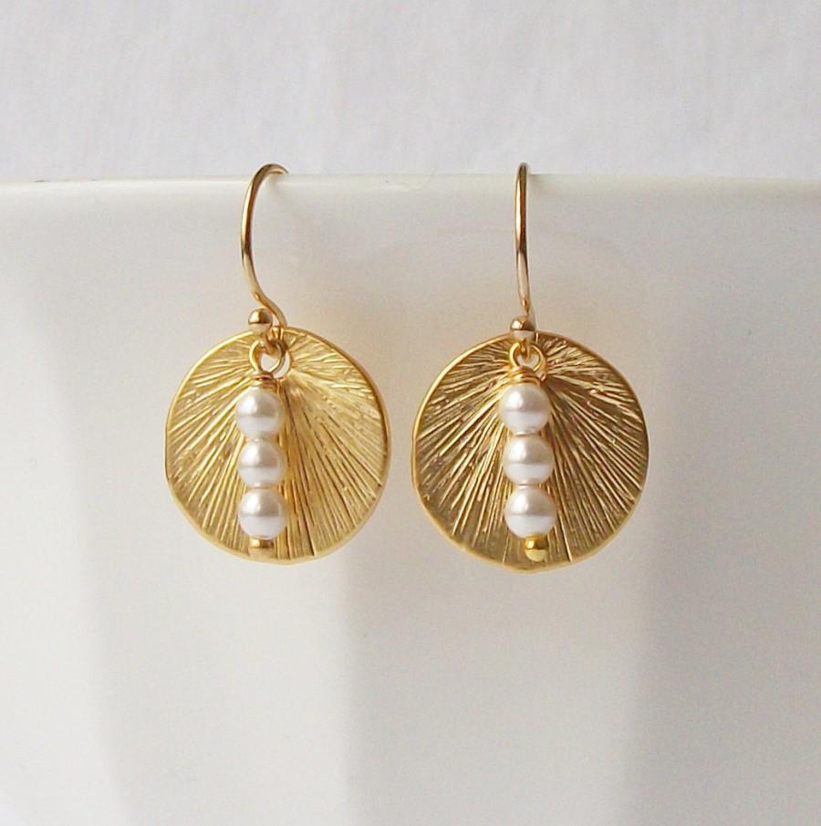 Свадьба - White Pearl Gold Circle Earrings, Christmas Jewelry Gift