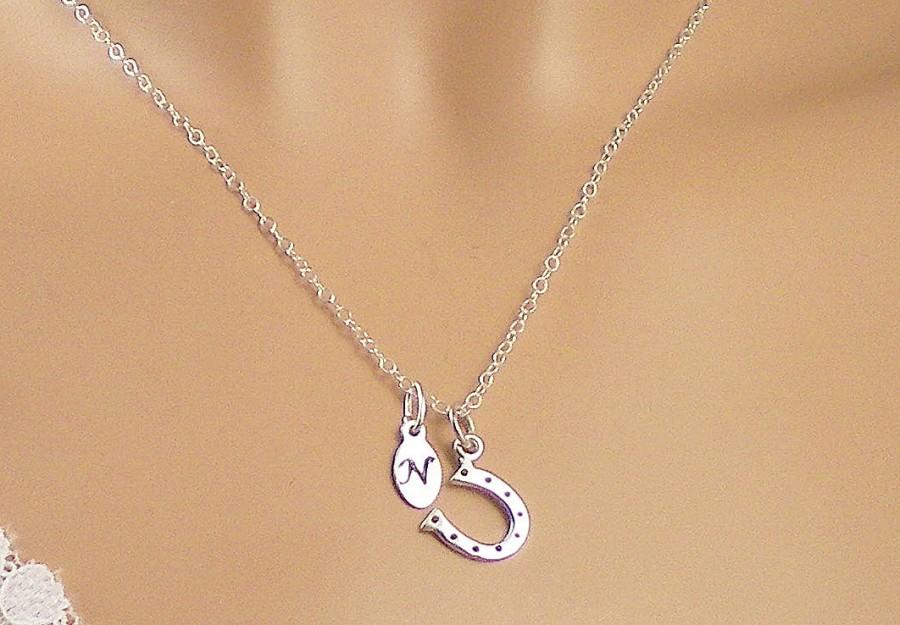 زفاف - Horseshoe with Initial Necklace, Personalized, Sterling Silver Necklace, Personalized Horseshoe Necklace