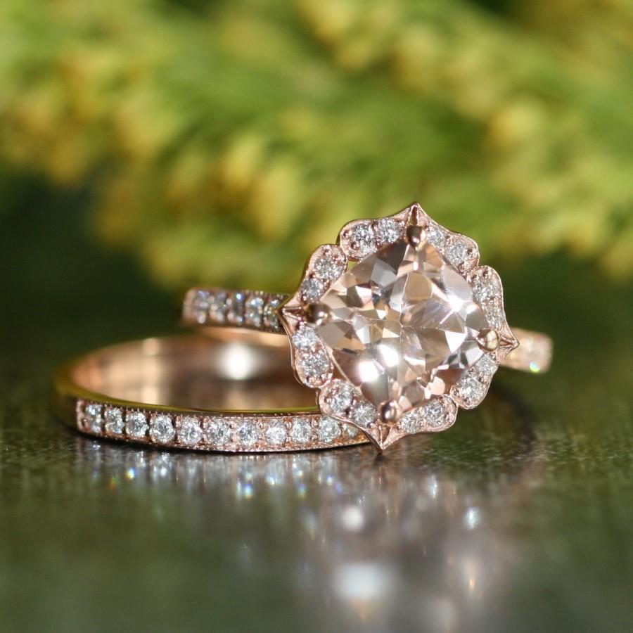 Mariage - Vintage Floral Morganite Engagement Ring Diamond Wedding Band Bridal Set in 14k Rose Gold 8x8mm Cushion Morganite Ring Half Eternity Band