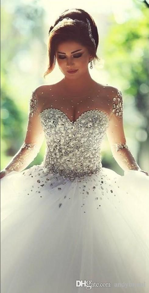 Hochzeit - 2015 Long Sleeve Wedding Dresses With Rhinestones Crystals Backless Ball Gown Wedding Dress Vintage Bridal Gowns Spring Quinceanera Dresses