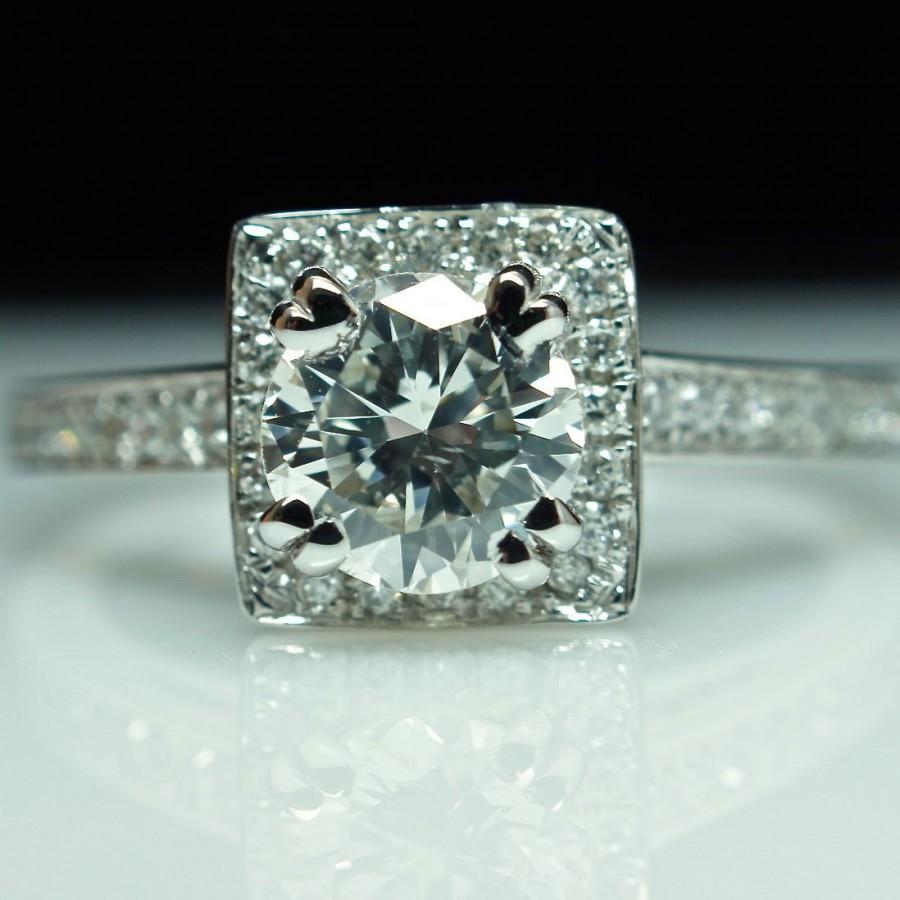 Hochzeit - SALE - Halo Diamond Engagement Ring & Wedding Band Set - 14K White Gold - Size 6 1.29 cttw (Complete Bridal Wedding Set)