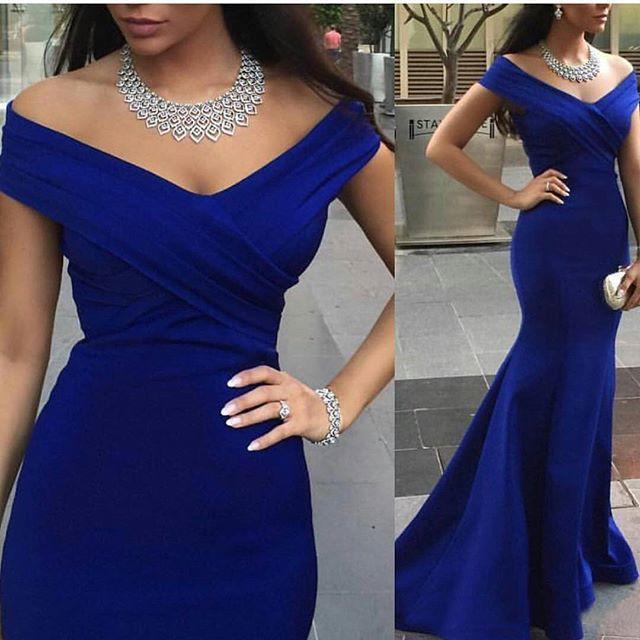 Mariage - 2016 Charming Royal Blue Evening Prom Gowns Backless Formal Party Dresses 2015 Occasion Mermaid Off Shoulder Capped Celebrity Arabic Duba Online with $90.31/Piece on Hjklp88's Store 