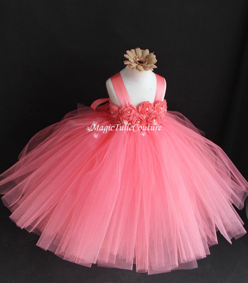 Wedding - Coral Flower Girl Dress Shabby Flowers Dress Tulle Dress Wedding Dress Birthday Dress Toddler Tutu Dress 1t 2t 3t 4t 5t