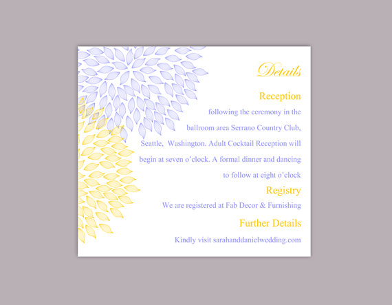 Hochzeit - DIY Wedding Details Card Template Editable Text Word File Download Printable Details Card Blue Yellow Details Card Floral Information Cards