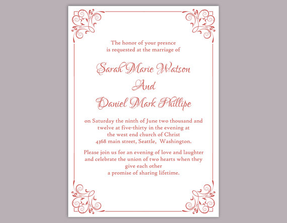 Свадьба - DIY Wedding Invitation Template Editable Word File Instant Download Printable Invitation Red Wedding Invitation Elegant Floral Invitation