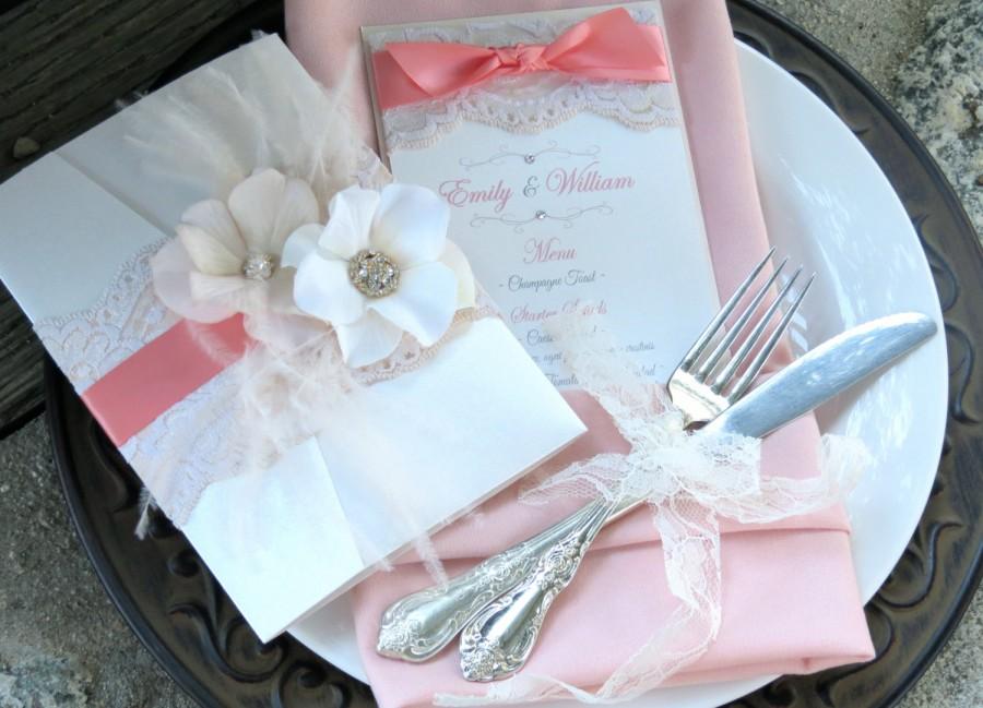 Свадьба - VINTAGE GLAMOUR: Coral and Blush Elegant Lace Pocketfold Wedding Invitation, Satin Ribbon Invitation, Feather Flower Invitation
