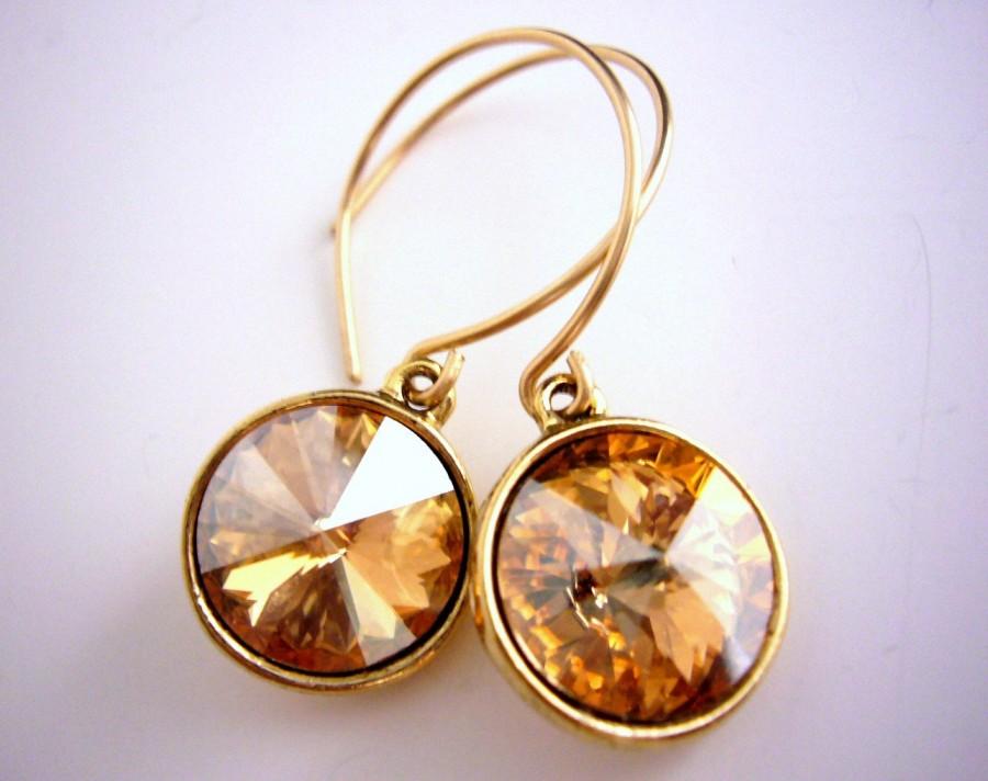 زفاف - Bridesmaid Gold Earrings Champagne Swarovski Rivoli Crystal Drop Hoops Gold Filled Earings Golden Shadow Jewelry Gift for Maid of Honor