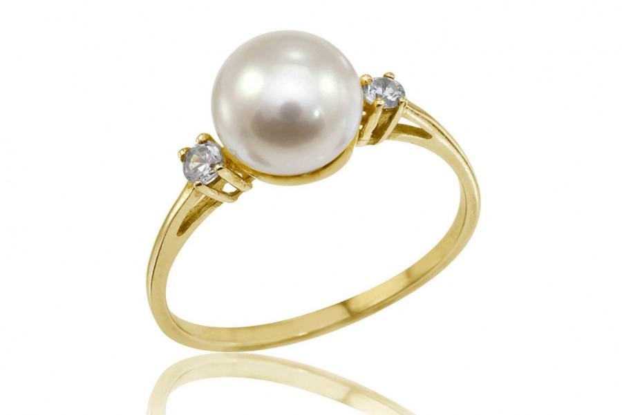 Wedding - Pearl Engagement Ring, June Birthstone, Pearl and .08 ct Diamonds Ring, Diamond and Pearl Ring, Engagement Ring, Art Nouveau Gold Ring,
