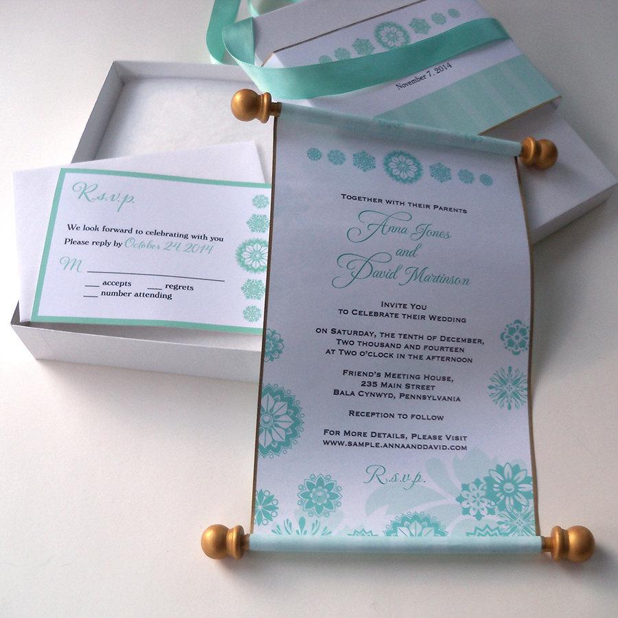 Hochzeit - Winter fairytale boxed wedding invitation scroll suite in aqua and silver with snowflakes - set of 25