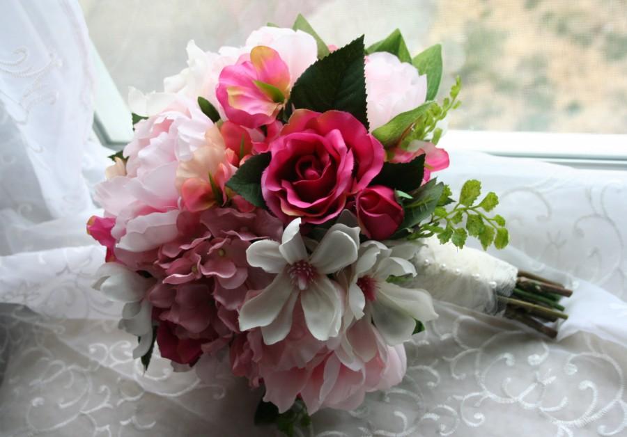 Hochzeit - Pink Peony Bouquet & Boutonniere Bridal Set with Sweet Peas, Dogwood, Roses, Hydrangea, Spring Summer Winter Wedding, Island, Rustic, Garden