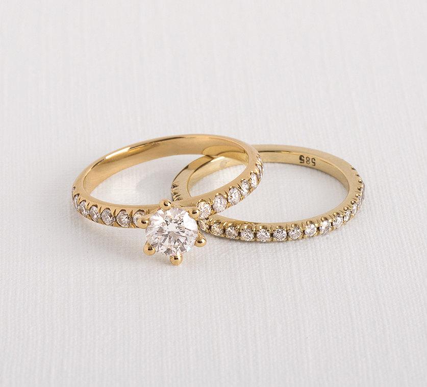 زفاف - Engagement ring set , wedding ring set , bridal ring set , diamond wedding ring , pave diamond wedding ring , pave engagement ring