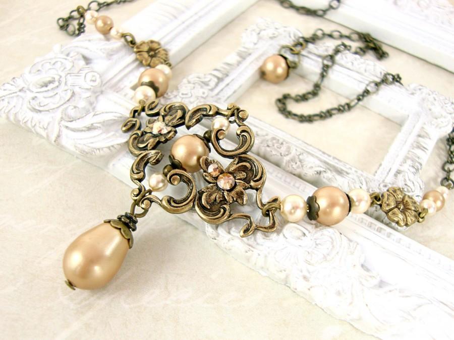 زفاف - Swarovski Vintage Style Gold Pearl Necklace - Victorian Necklace Bronze Floral Antiqued Brass Filigree - Victorian Style Wedding Jewelry