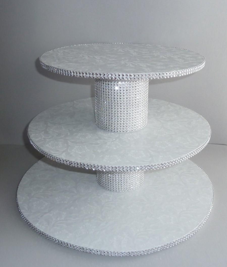 Mariage - 3 tier bling white wedding cake cupcake stand tower display faux rhinestone foil candy buffet table dessert bar quinceanera disassembled DIY