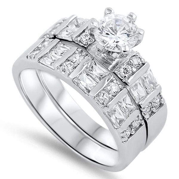زفاف - 1.80 Carat Round Baguette Round Russian Diamond CZ Two Piece Wedding Engagement Anniversary Bridal Ring Matching Band Set Sterling Silver