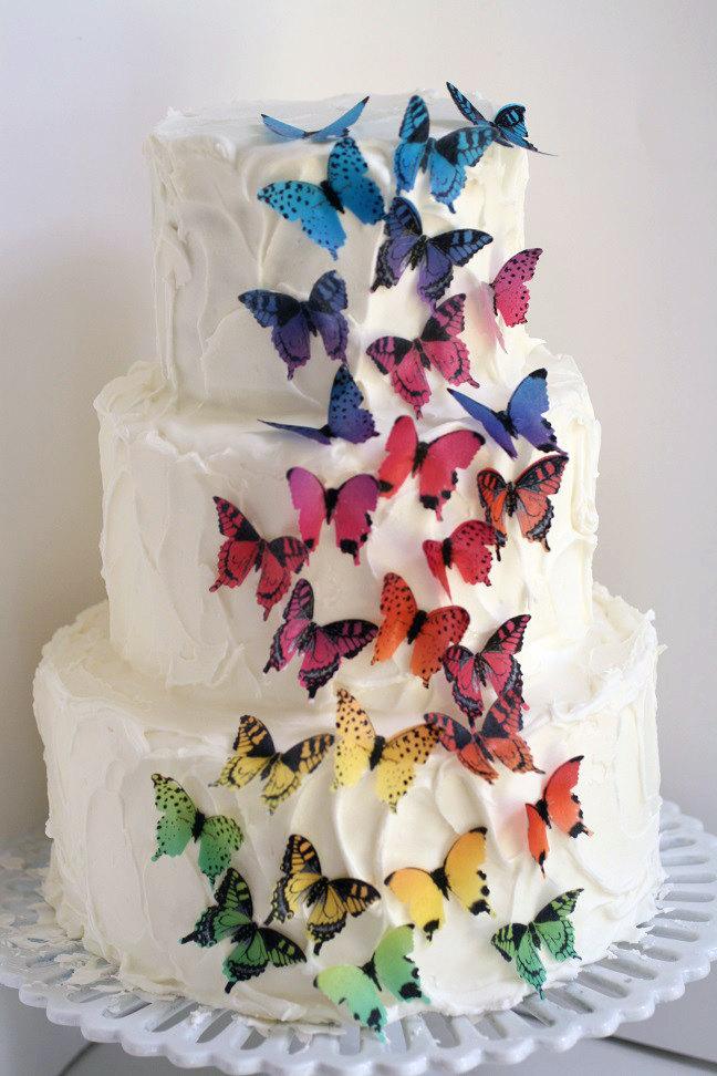 Wedding - 28 rainbow ombre edible butterflies, 1 1/2" across,  cake decorating, cookies, cupcakes, cake pops. Wafer paper butterflies, cake toppers.
