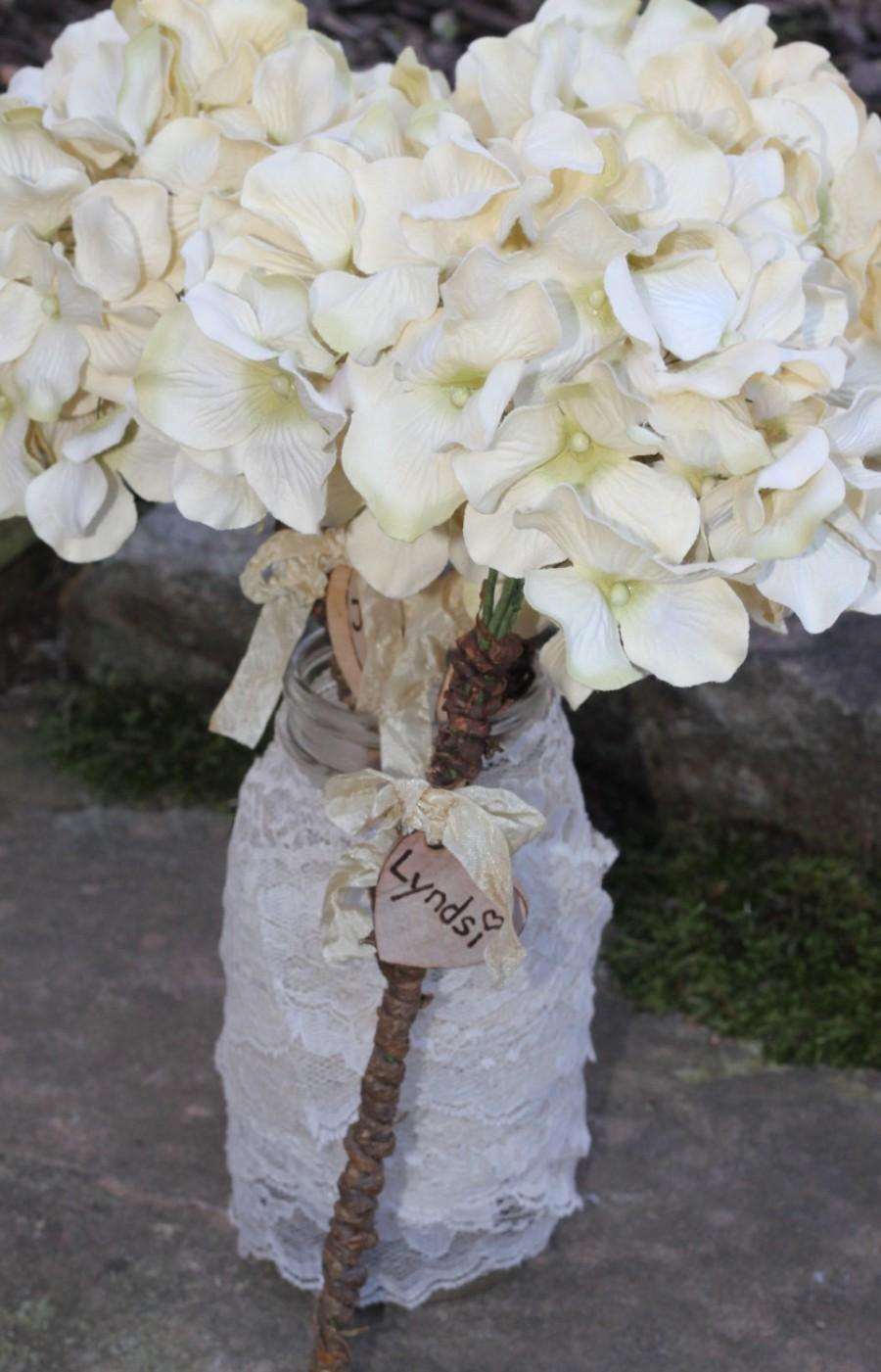 Wedding - Bridesmaid Bouquet Rustic Wedding, Custom Color, With Bead Center Personalized Wood Heart