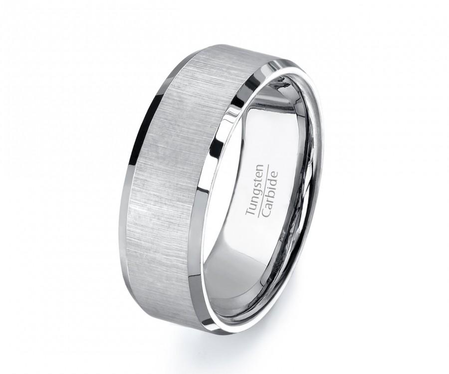 Wedding - Mens Wedding Band Tungsten Ring, High Quality Flat with Satin Finish Center Comfort Fit