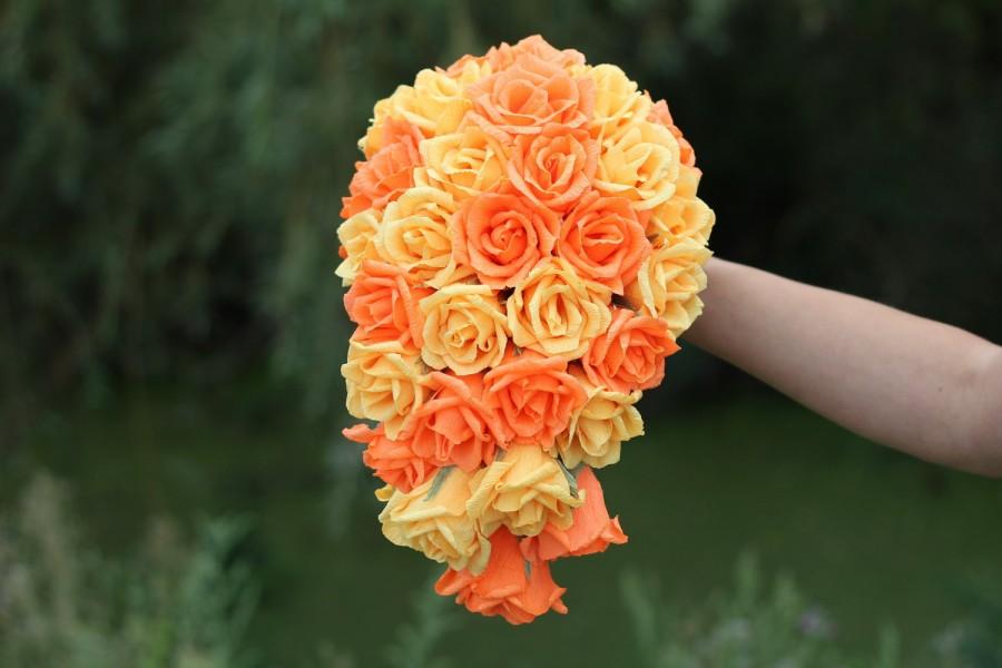 Wedding - cascade paper bouquet bridesmaids bouquet orange wedding wedding flowers wedding roses bridal bouquet purple roses no round bouquet paper