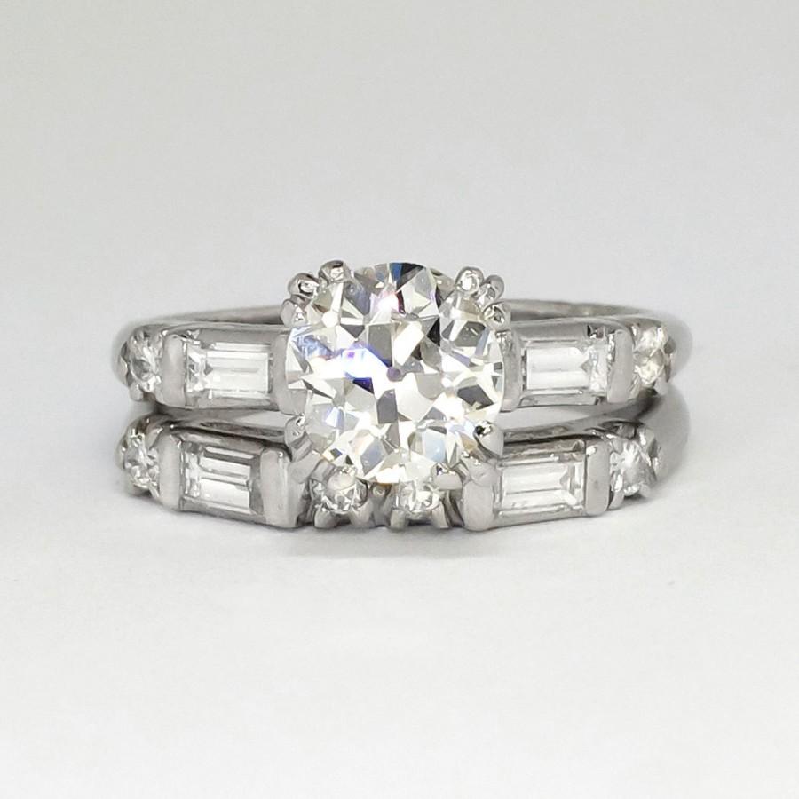 Hochzeit - SALE Outstanding 1.70ct t.w. 1930's Old European Cut Diamond Engagement Ring Wedding Band Set Platinum