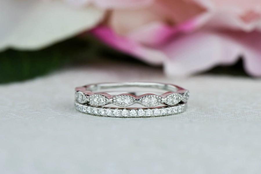 Wedding - Art Deco Wedding Band and Half Eternity Band, Stacking Ring Set, 1.5mm Engagement Ring, Man Made Diamond Simulants, Sterling Silver, Dainty