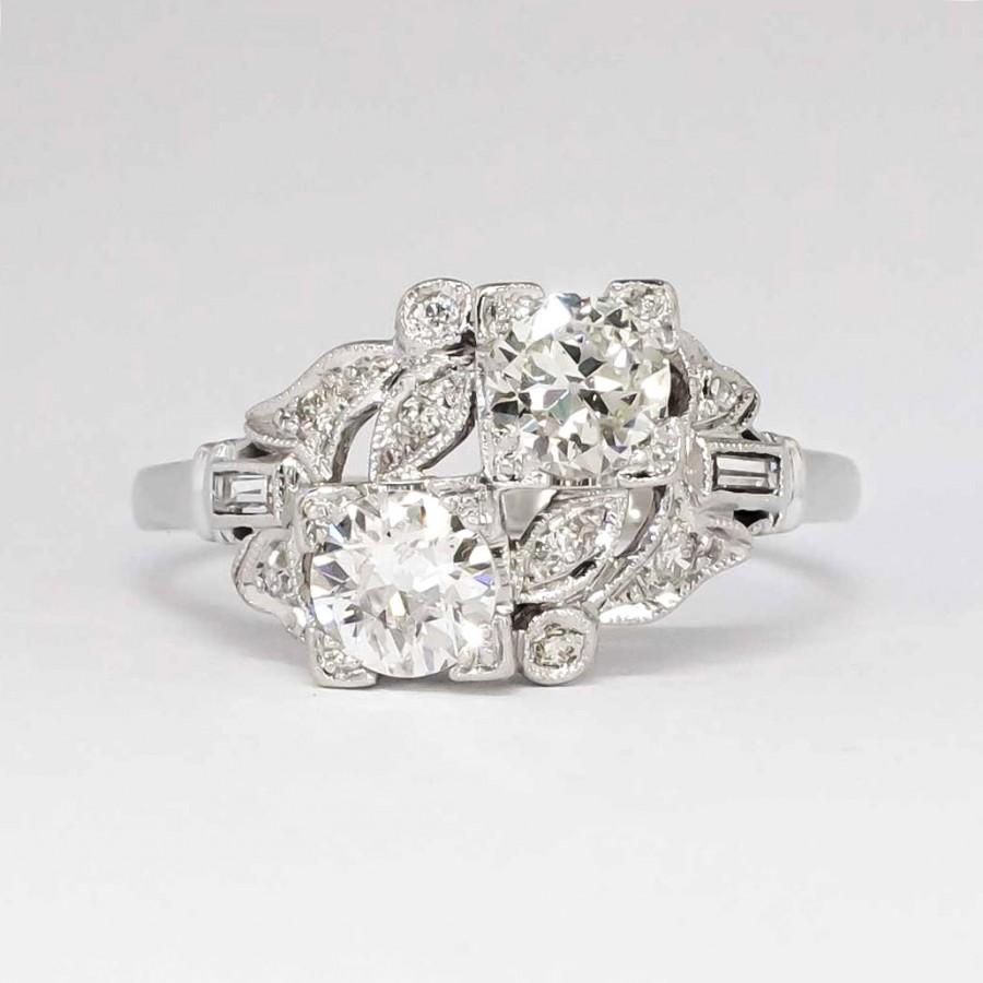 Wedding - SALE Huge Glowing 1.54ct t.w. Old European Cut Diamond Bypass Ring Platinum