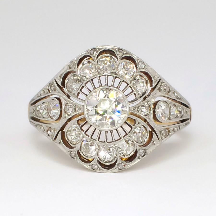 Mariage - SALE Rare Russian Antique 1.41ct t.w. 1900's Lacey Old European Cut Diamond Ring 18k Sterling Silver