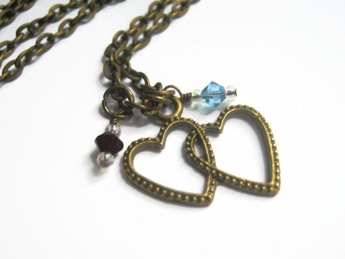 Wedding - Two Heart Charm Necklace, BRONZE, Personalized Birthstone Jewelry, Dual Heart Necklace, Wedding, Best Friend, 24 inches, Choose Your Length