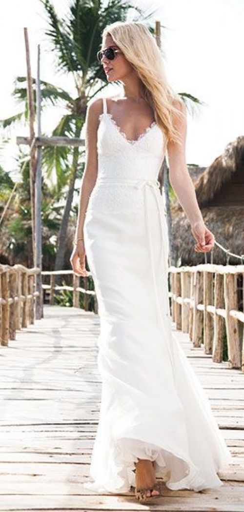 Mariage - Spaghetti Straps Lace Trumpet Natural Waist Sash Beach Wedding Dress