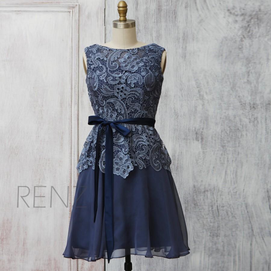 Свадьба - 2015 Navy Blue Bridesmaid dress, Short Wedding dress, Lace Chiffon Party dress, Prom dress, a line Formal dress knee length (F010A)