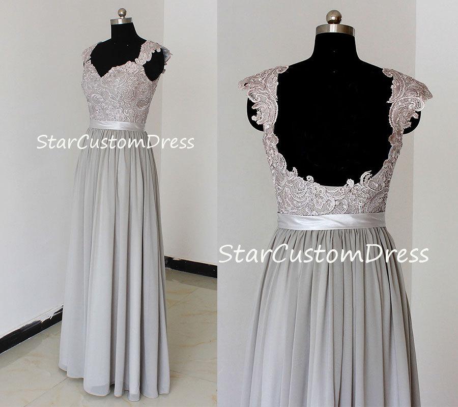 Mariage - Grey long lace bridesmaid dresses a-line with cap sleeves, chiffon bridesmaid dress,Silver lace open back bridesmaid dresses